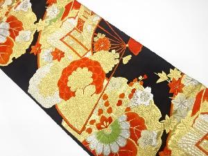 アンティーク　扇に御所車・雪輪・桐・菊模様織り出し袋帯（着用可）